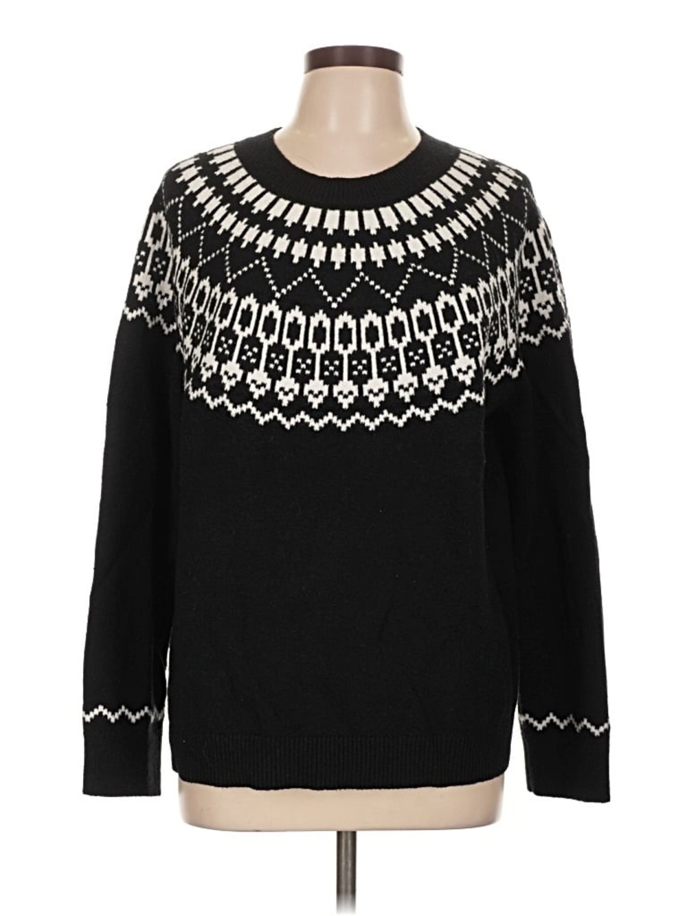 LOFT Black Crewneck Sweater with White Fair Isle Yoke